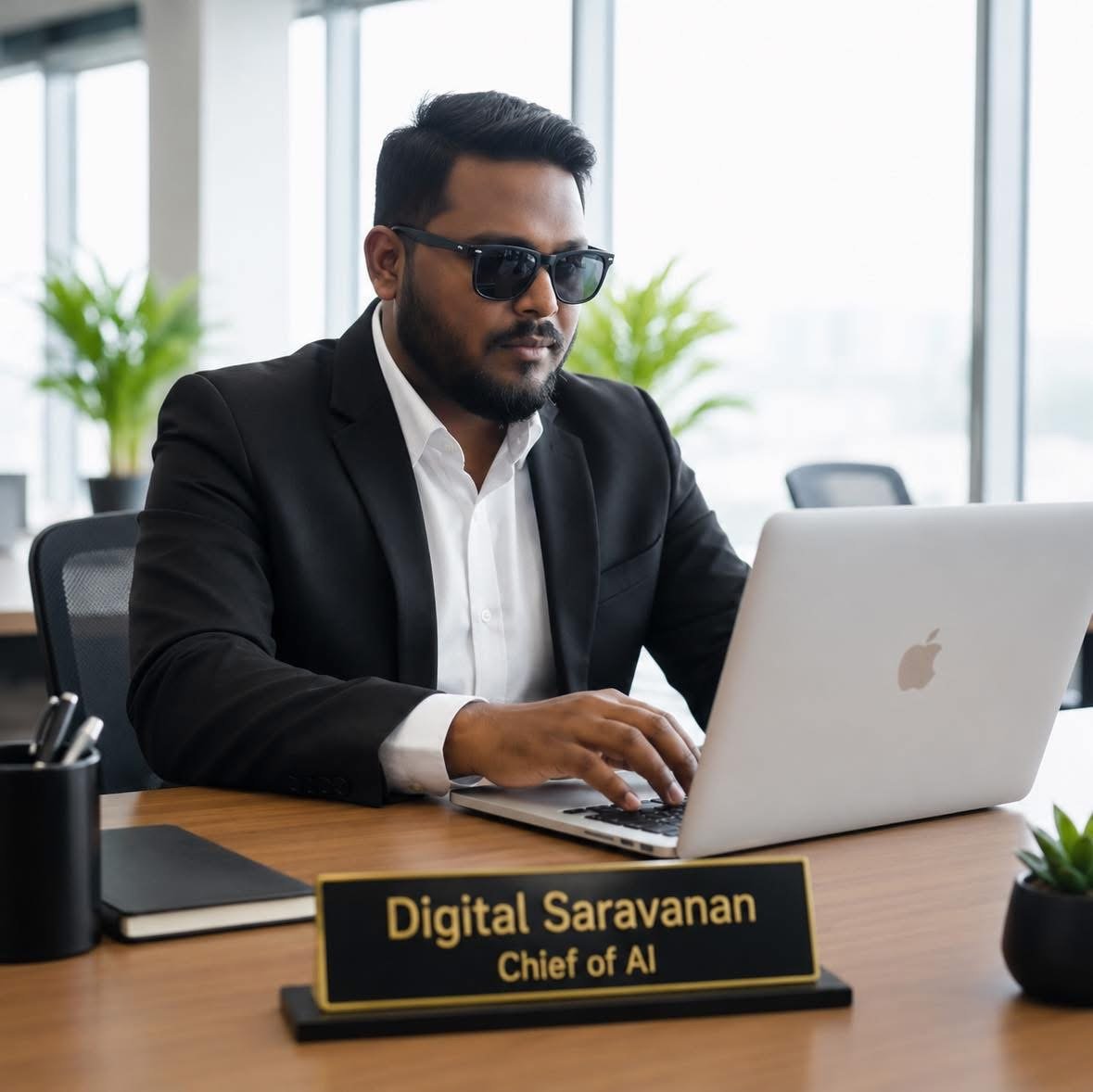 Digital Saravanan, Chief of AI, working on a laptop